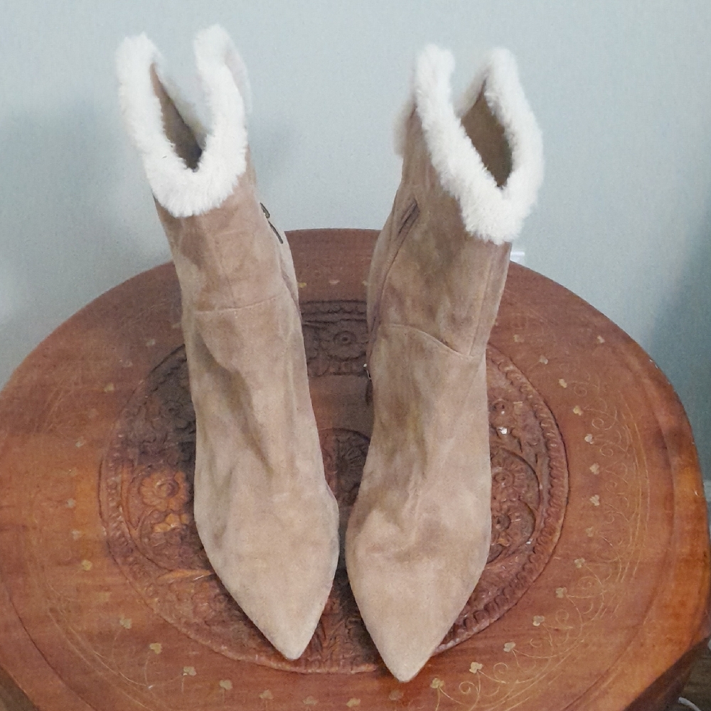 Nine West Taupe Suede Pointed-Toe Shearling Ankle Boots